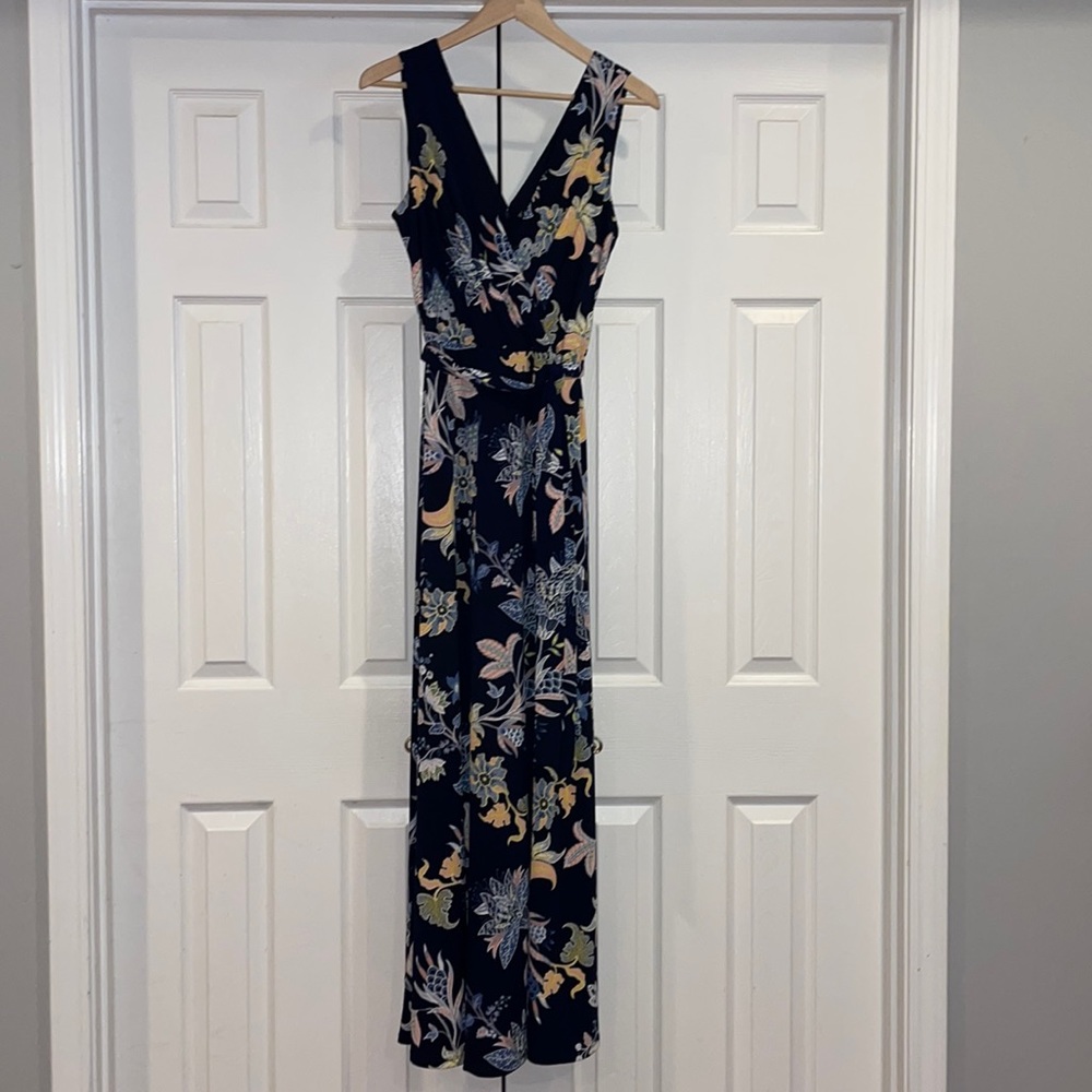 Women’s Leslie Fay size 12 navy & multi floral belted dress